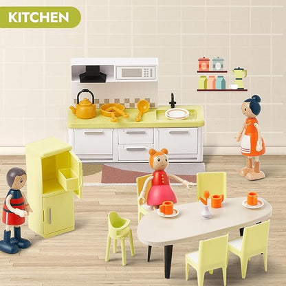 Giant bean 85pcs Wooden Plastic Dollhouse Furniture Set for 6 Rooms, Modern Dollhouse Accessories Pretend Play Furniture Toys Gift for Boys Girls Toddlers & Kids 3 4 5 6 7 Years and up