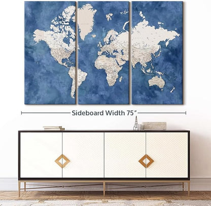 ElephantStock Detailed World Map With Cities I Wall Art - Horizontal Canvas - 3-Piece Living Room Decor - Watercolor Map Canvas Print - Beige and Blue Wall Decor by Blursbyai - 74" X 48"