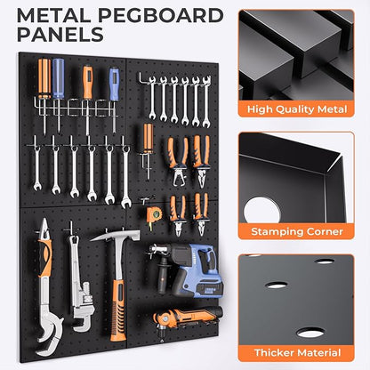 INCLY 70PCS Pegboard Wall Organizer, 4PCS Metal Peg Board Panels with 66PCS 1/4" Pegboard Hooks Accessories Kit, Black Peg Board for Walls Home, Garage Tool Storage, Workbench Organization