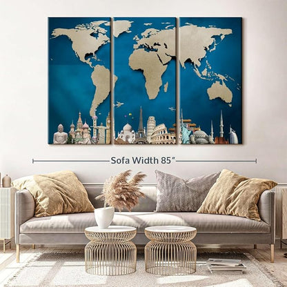 ElephantStock Ocean Blue World Map Multi Piece Canvas - 3 Panel Wall Decor - Map of the World Art - Canvas for the Office and Home - 74" X 48"