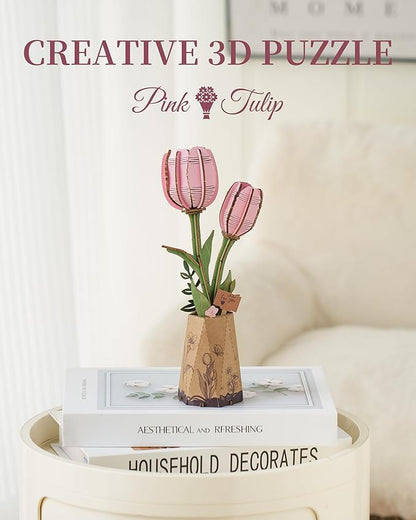 3D Flower Wooden Puzzles for Adults-Pink Tulip, DIY Wooden Flowers Model Kit Building Set Crafts for Adults to Build, Botanical Collection/Ideal Creative Gift Ideas/Housewarming (72PCS)