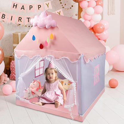 Kids Tent Play Tents for Toddler Children Indoor and Outdoor Large Pink Girls Princess Playhouse Castle with Windows Clouds and Flags Kids Room Furniture 40" L × 48" W × 52" H