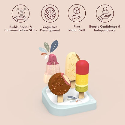 Speedy Monkey Wooden Ice Cream Bar Stand with 4 Treats – FSC Certified Popsicle & Gelato Pretend Play Dessert Counter for Kids, Sweet Food Role Play Toy for Toddlers, Boys & Girls, Ice Cream Cart Set