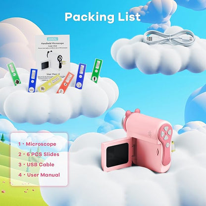 HP60 IPS Microscope for Kids: [Auto On & Off] [3-in-1] 2" Portable Handheld Microscope Miniscope, Pocket Mini Scope Educational Science Kit, Christmas Birthday Gifts for Kids, PC View, Pink