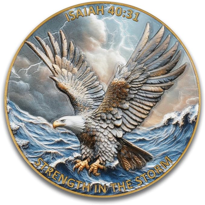 Eagle & Isaiah 40:31 Challenge Coin - Inspirational Christian Prayer Coin - Strength in The Storm - Pocket Gift with Clear Case(Pack of 5)
