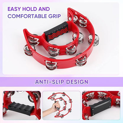 Tambourine Musical Instrument for Adults - 10 Inch Tambourines Half Moon with Egg Shakers Double Row Metal Jingles Handheld Percussion Instruments for Church Dance Party Events KTV (Red)