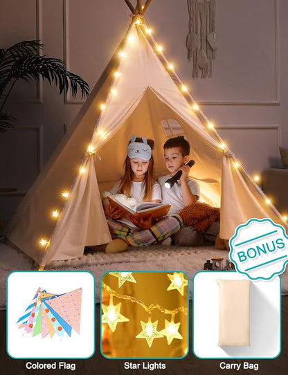 Sumbababy Teepee Tent for Kids Tipi Tent Indoor - Cotton Canvas Kid Tents for Inside with Light & Flag- Foldable Toddler Play Tents for Girls & Boys Slumber Party - Washable Boho Play House Gift Toys