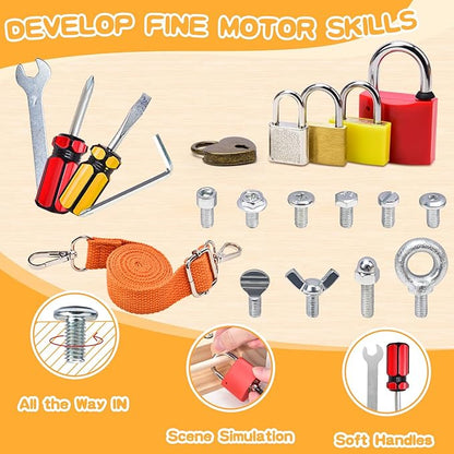 Screwdriver Board-Montessori Toy Lock and Key Toy Set for Kids, Storage Wooden Tools Preschool Sensory Toys for 3 +Year Old