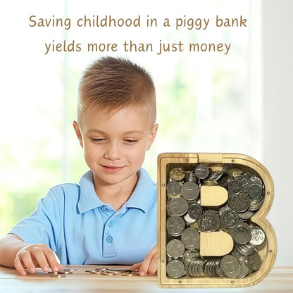 Wooden Alphabet Piggy Bank Clear Acrylic Panel Coin Savings Box Personalized Money Bank for Kids Boys Girls Adults, Birthday Home Décor(O)
