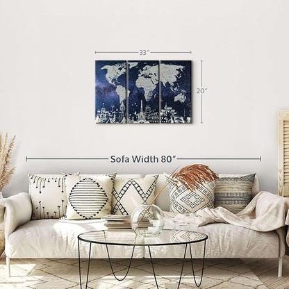 ElephantStock Starry World Map Multi Piece Canvas - 3 Panel Wall Decor - Map of the World Art - Canvas for the Office and Home - 33" X 20"