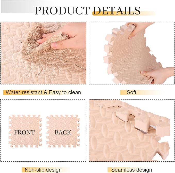 12 Tiles 12x12x1 Inch EVA Thick Interlocking Foam Floor Tiles Puzzle Exercise Mat Play Foam Mats for Boys Girls Baby Pets Home Classroom Nursery Gym(Beige)