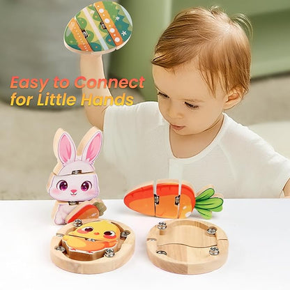 HUZU Easter Snap Builders, Easter Basket Stuffers Bunny, Carrot, Egg, Chick Wooden Puzzle Toy, Basket Essentials Take Apart & Mix Characters Kids Montessori STEM Fine Motor Skill