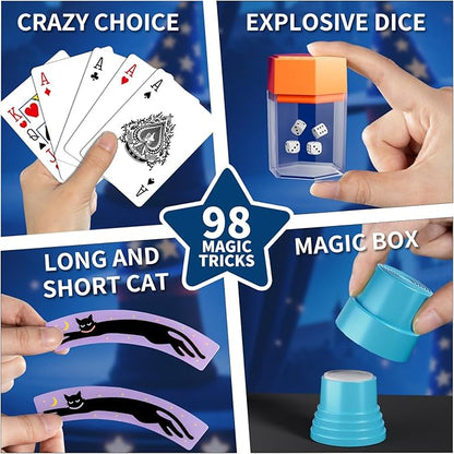Magic Kit for Kids, 98 Magic Tricks Set for Kids with Magic Wand, Manual and Videos, Magic Set Toys Gifts for 6 7 8 9 10 11 12 Years Old Kids Boys Girls Beginner Halloween Christmas Birthday Parties
