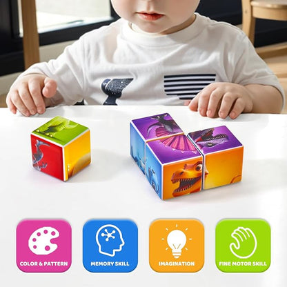 Magnetic Blocks for Toddlers, Dinosaur Toys Puzzle Cubes for Kids, Sensory Toys for Kids Ages 1-3 Year Old Boys & Girls, 6 Dinosaur Building Ideas
