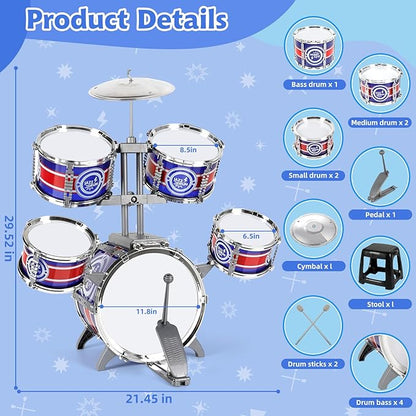 Kids Drum Set, Drum Set for Toddlers with Stool Upgraded Plastic Rock Jazz Drum Kit Musical Instruments Toys Gifts for 1 3 5 7 9 12 Years Boys Girls