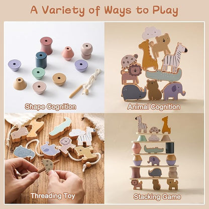 Wooden Animals Threading Toys Lacing Beads for Toddlers 3 4 5 Years Old, Stacking Blocks Balance Toy, Educational Preschool Learning Toy, Montessori Activities for Boys & Girls