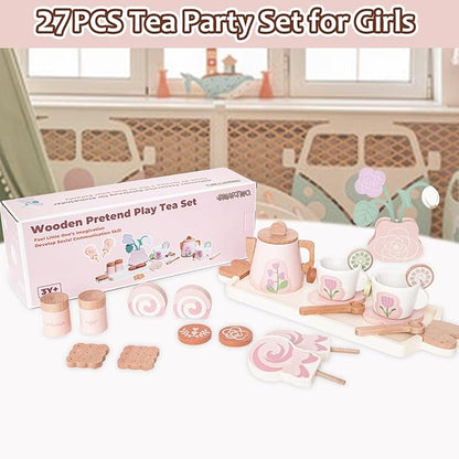 Wooden Tea Set for Little Girls, Pretend Play Tea Party Set Toy with 27 PCS Play Kitchen Accessories, Princess Tea Set Toy, Birthday Gift for Kids 3-5 Years Old, Improve Imagination