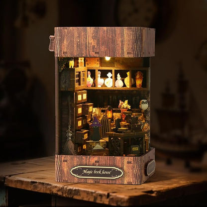 Book Nook Kit - DIY Enchanted Cottage Miniature House for Adults & Teens, 3D Wooden Puzzle Booknook with LED Lights, Bookshelf Insert Decor & Creative Model Building（Magic Bookstore）