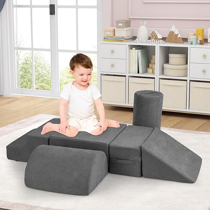 Costzon Toddler Climbing Toys Indoor, 6 Pieces Foam Climbing Blocks for Baby Inside with Skin-Friendly Chenille Fabric, 30D High-Density Foam & Carrying Handles, Soft Play Climbing for Toddlers (Gray)
