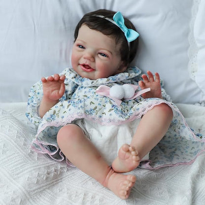 Realistic Reborn Baby Dolls, 18 Inch Sweet Smile Eyes Open Newborn Baby Dolls Girl, Soft Vinyl Real Life Baby Dolls with Weighted Body, Birthday Gift Set for Kids Age 3+