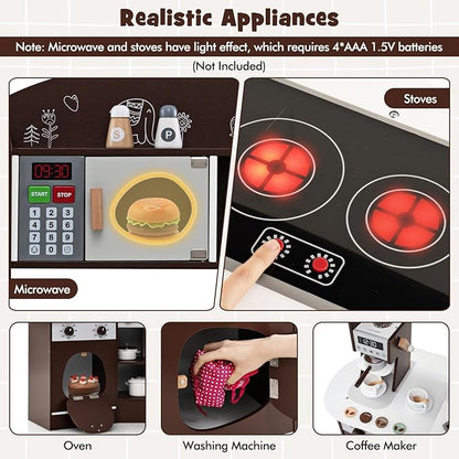 Costzon Corner Play Kitchen, Wooden Kids Kitchen Playset with Lights & Sound, Coffee Maker, Washing Machine, Oven, Microwave, Toddler Toy Kitchen for Pretend Play, Gift for Boys Girls 3+ (Brown)