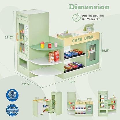 HONEY JOY Kids Grocery Store Playset, Wooden Supermarket Playset w/Cash Register & Vending Machine Toy, Blackboard, Checkout Counter Stand, Grocery Store Pretend Play for Toddler Boys Girls (Green)