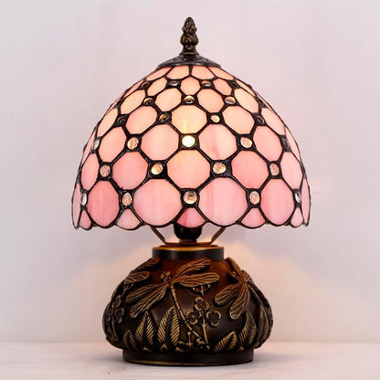 WERFACTORY Small Tiffany Lamp Desk Pink Stained Glass Pearl Bead Mushroom Table Lamp Bronze Mini Accent Lamp W8H11 Inch S005P Series