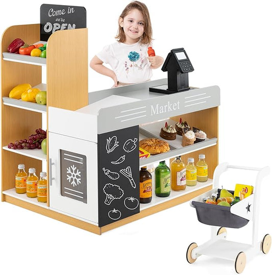 HONEY JOY Kids Grocery Store Playset, Wooden Play Store with Shopping Cart, Toddler Supermarket Checkout Stand w/Blackboard, Display Shelves, Grocery Store Pretend Play, Gift for Boys Girls, Natural