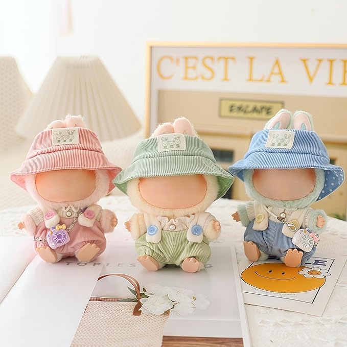 Clothes for Dolls Accessories (No Doll), Cute Outfit Set 3 Pieces Bib Pants Suitable for 15 & 17cm Doll Suit, Stylish Dress Up Overalls Doll Clothing Set Replacement with Hat Clothes Green
