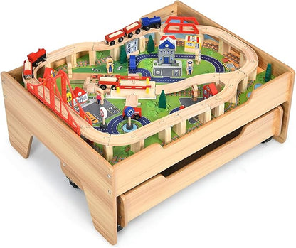 GLACER 100 Pieces Train Table, Wooden Activity Table with Storage Drawer, Tracks, Vehicles, Buildings, Wheels, Multipurpose Painted Train Table Set for Toddlers 3-5+, Gift for Boys Girls