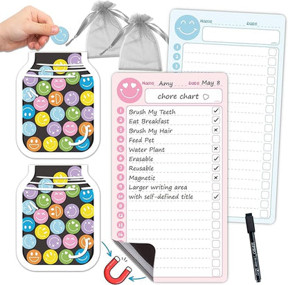JJPRO Magnetic to Do List for Kids with Smiley Faces Reward Jar- 10" x5.5“ Home Chore Chart for Fridge,Daily Checklist for Toddlers,Magnetic Reward Jar Positive Behavior Training -Blue&Pink