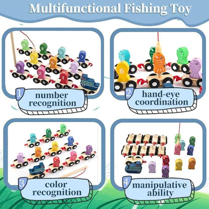 Magnetic Fishing Game for Kids, Wooden Train Set with Numbers Montessori Counting Toys, Preschool Math Learning Educational Game Birthday Gift Fine Motor Skill Toy for Toddlers