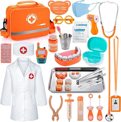 Doctor Kit for Kids, 33 Pcs Wooden Dentist Play Set for Toddler 3-5 with Real Stethoscope & Dental Tools, Pretend Playset Medical Toys Storage Bag Educational Role Play Doctor Toys Gift for Boys Girls