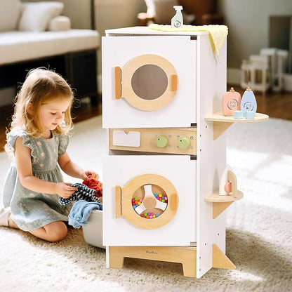 PairPear Wooden Toy Washing Machine Playset, Kids Washer & Dryer Laundry Playset with Iron, Toddler Pretend Kitchen Spinning Bead Drum Toy Gift for Age 3+