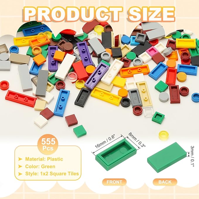 PATIKIL 555 Pcs Flat Blocks Bulk, 1x2 Square Green Classic Tiles Smooth Surface Mini Building Blocks Accessories Compatible Bricks Kits for Building Floor Walls Mosaic Pixel Arts