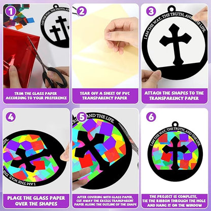 32 Sets Cross Suncatchers Craft Kit DIY Religious Window Stained Glass Effect Christian Paper Craft Home School Classroom Decoration Kid Sunday School Birthday Gift Creative Art Project Activity Game