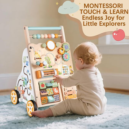 Baby Push Walker, Wooden Baby Walker with Wheels, Montessori Activity Center for 1 Year Old Boys Girls, Adjustable Speed & Height Push Toy for Toddlers, Educational Gift for Ages 1+ Kids Development