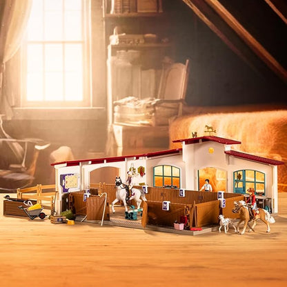 Schleich Horse Club - 179PC Peppertree Riding Arena Horse Playset with Real Dressage Cards - With Stable Set, 2 Horses, 3 Rider Figurines, Cards and Accessories - Toys for Girls & Boys Ages 5+ | 42639