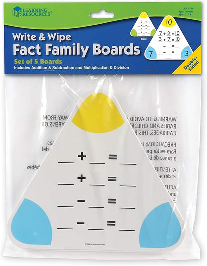 Learning Resources Write & Wipe Fact Family Boards, Dry Erase, Set of 5 Double-sided Boards, Ages 6+