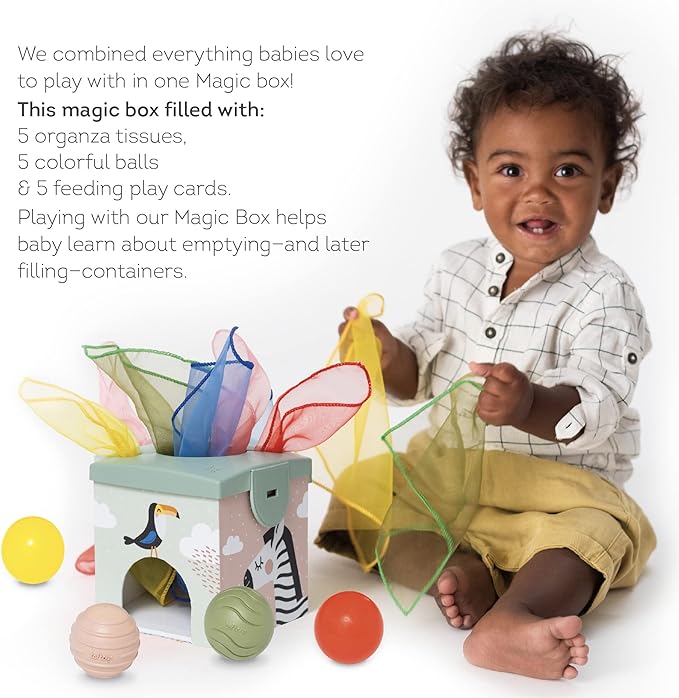 Taf Toys Sensory Baby Tissue Box, Object Permanence Box, Imaginary Play for Infants & Toddlers, Montessori Square Sensory Toys Colorful Pull Scarves, Play Balls & Cards Educational Preschool Learning