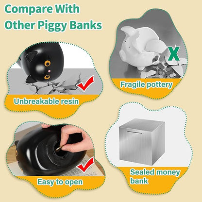 H&W Black Cat Piggy Bank for Girls,Plastic Coin Bank,Unbreakable Money Bank,Cute Piggy Bank for Kids,First Money Box,Best Birthday