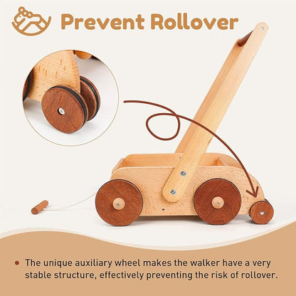 Woodtoe Wooden Baby Walker, Adjustable Speed Anti-Rollover Push Walker Toy for Babies Learning to Walk, Natural Wood Toddler Push and Pull Toys Wagon Birthday Toy for Boy Girl 1-3(Patent Protection)