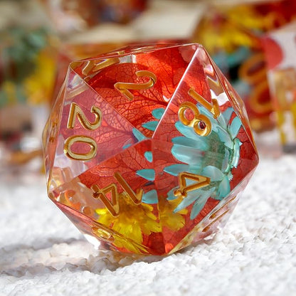 Resin DND Dice,DNDND Handmade Flowers Sharp Edge Die with Gift Case for D&D Dungeons and Dragon Games (Red and Yellow Flowers)