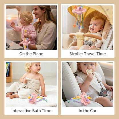Silicone Baby Sensory Montessori Toys & Pull String Teething Toys for 6-12-18 Months, Toddler Birthday Gift Car Seat Airplane Travel Toy for 1 2 Year Old Boy Girl Infant 8 9 10 Months Old (Pink)
