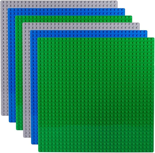 Apostrophe Games Building Blocks Base Plates Compatible with All Major Brands – (6-Pack - 2 Green, 2 Blue, 2 Gray) 10-1/16" x 10-1/16" Inches Baseplate for Building Bricks – Durable and Sturdy