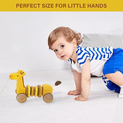 Baby Toys Car,Wooden Pull Along Toddler Toy, Developmental Toy for 1 Year Old Girl Boy Birthday Gift (Giraffe)