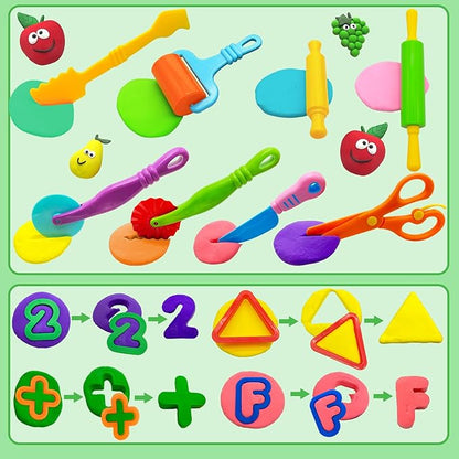 Dough Tools 55 PCS Dough Play Tools Set for Kids, Plastic Alphabet Numbers Shapes Cutters, Rollers, Scissors