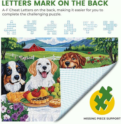 1000 Piece Puzzle for Adults Picnic Puppy Jigsaw Puzzles 1000 Pieces Reusable, Puzzles Fit for Family, Parents and Friends Gatherings