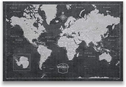 Conquest Maps World Travel Map with Pins Modern Slate Style Push Pin Travel Map Cork Board, Track Your Travels w/a Handmade Unique Canvas Pinable Map (24" x 16")