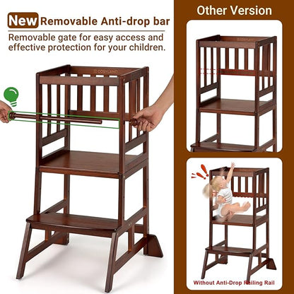 COSYLAND Toddler Standing Tower - Adjustable Height Toddler Kitchen Stool Helper - Kids Kitchen Step Stool for Learning with Removable Safety Railing Brown